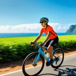 브라질에서 자전거 여행하기 - A female cyclist, late 20s, wearing a fitted, breathable cycling jersey, padded shorts, a helmet, an...