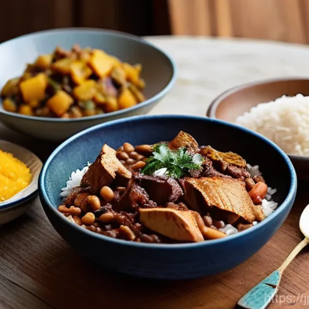 브라질에서 가장 많이 소비되는 음식 - **Prompt:** A cozy, warm Brazilian kitchen scene depicting a traditional everyday meal. On a rustic ...