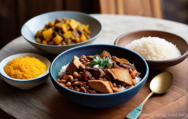브라질에서 가장 많이 소비되는 음식 - **Prompt:** A cozy, warm Brazilian kitchen scene depicting a traditional everyday meal. On a rustic ...