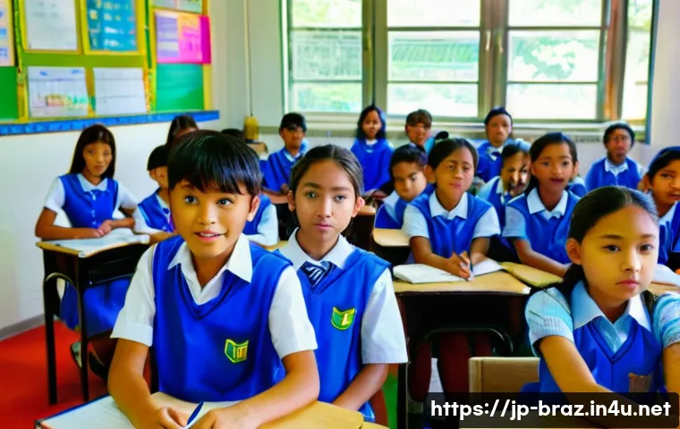 브라질 교육제도 - **Prompt 1: Contrasting Classrooms – Half-Day Learning and Textbook Differences**
    A split image ...