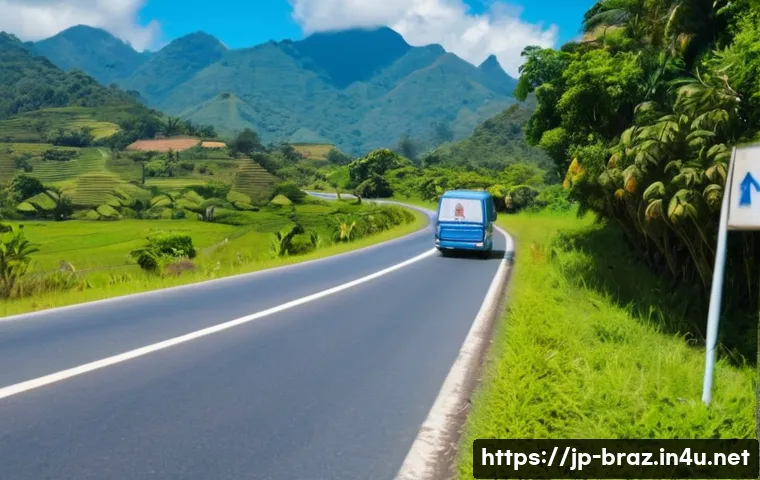 브라질에서 히치하이킹 가능할까 - A scenic Brazilian highway scene during daytime, showing a diverse traveler holding a clearly visibl...