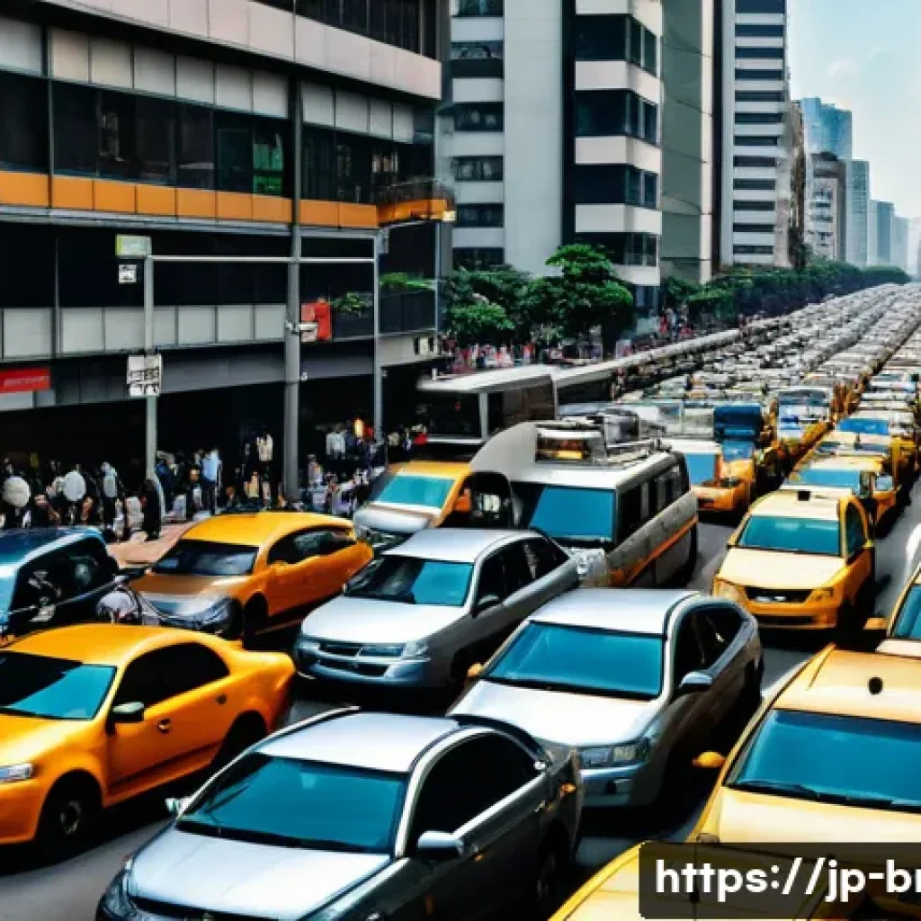 브라질의 교통체증 문제 - A bustling urban street scene in São Paulo during rush hour, showing a dense traffic jam with countl...