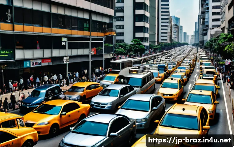 브라질의 교통체증 문제 - A bustling urban street scene in S&atilde;o Paulo during rush hour, showing a dense traffic jam with countl...
