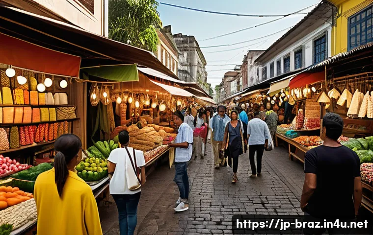 브라질 내 한국 기업 진출 - A vibrant street market scene in Brazil&rsquo;s southeastern region, showing diverse consumers shopping fo...