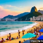 브라질 해변 추천 - A vibrant urban beach scene at Ipanema, Rio de Janeiro, during sunset with colorful umbrellas and li...