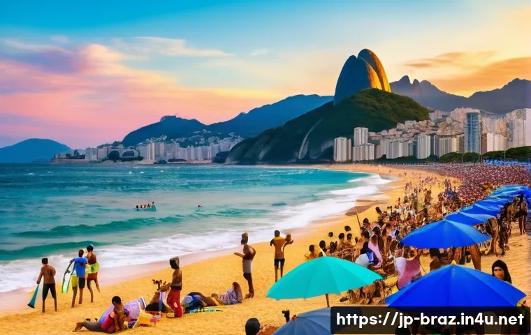 브라질 해변 추천 - A vibrant urban beach scene at Ipanema, Rio de Janeiro, during sunset with colorful umbrellas and li...