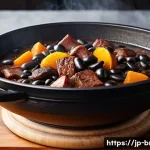 페이조아다 전통 요리 - A warm and inviting close-up of a traditional feijoada stew simmering in a thick black pot, showcasi...