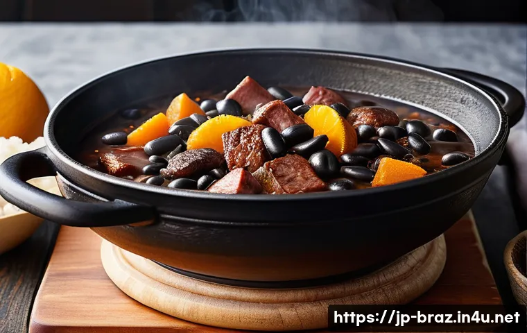 페이조아다 전통 요리 - A warm and inviting close-up of a traditional feijoada stew simmering in a thick black pot, showcasi...