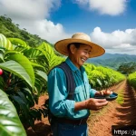 브라질 커피 농장 방문 후기 - A vibrant Brazilian coffee plantation scene during the lush green pre-harvest season, featuring rows...