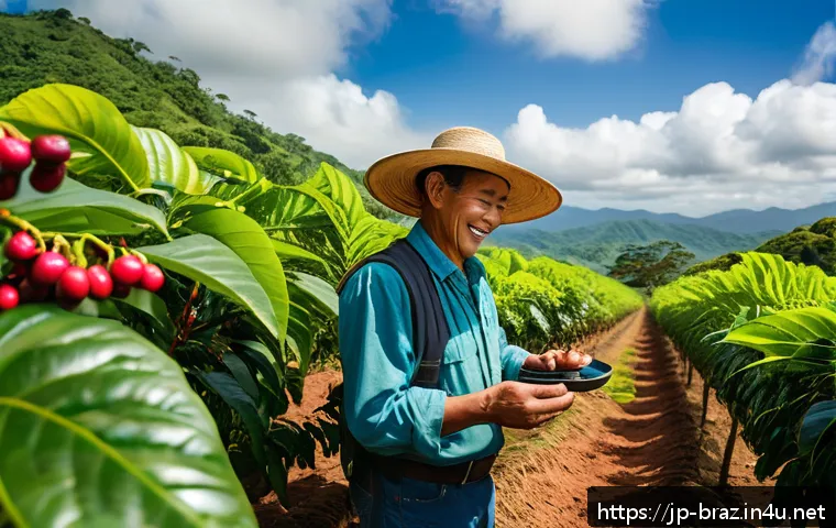 브라질 커피 농장 방문 후기 - A vibrant Brazilian coffee plantation scene during the lush green pre-harvest season, featuring rows...