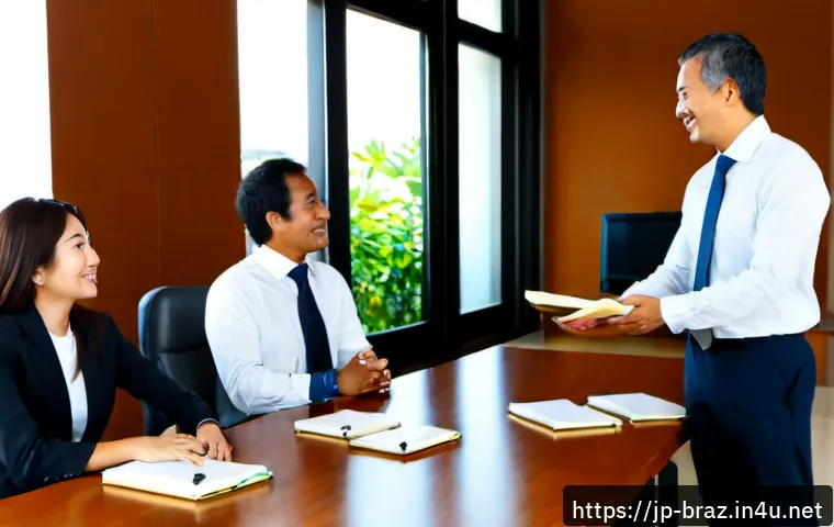 브라질 비즈니스 예절 - Photorealistic Brazilian business meeting in a bright modern São Paulo office, diverse professionals...