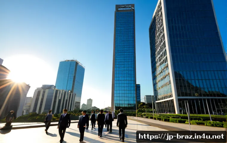 브라질의 대표 기업 - Photorealistic Brazilian corporate headquarters district in São Paulo at golden hour, modern glass o...