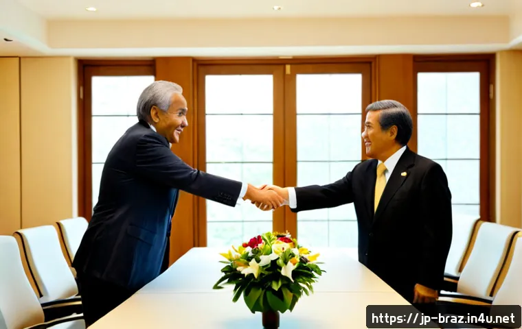 브라질과 미국 외교 관계 - Photorealistic diplomatic meeting between Brazilian and American representatives in a refined neutra...