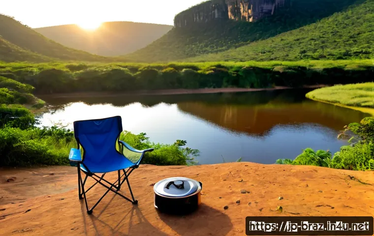 브라질에서 캠핑하기 좋은 곳 - Photorealistic sunrise camping scene in Chapada dos Veadeiros, Brazil, a small modern tent beside a ...